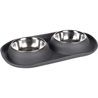 Flamingo Futter- und Trinknapf Duo Dinner für Hund Grafa Oval Dunkelgrau 11,5cm - 34x19x3,5cm - 2x220ml - Edelstahl - Antirutsch - Verhindert Verschütten auf dem Boden