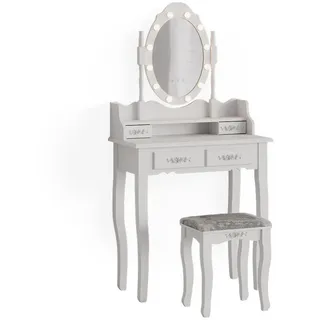 Vicco Schminktisch Maggie Weiß 75 cm mit LED Beleuchtung und Hocker , Holzwerkstoff , 6 Fächer , 4 Schubladen , Rechteckig,Rechteckig , 75x146.5x40 cm , Schlafzimmer, Schminktische