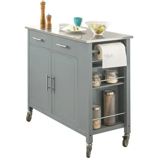 SoBuy Rolling Trolley Küchenwagen Aufbewahrungsschrank auf Rädern Multifunktionales Buffet mit Seitenregal, Türen und Schubladen Edelstahltablett - Grau