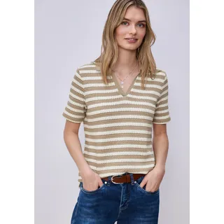 Poloshirt STREET ONE, Damen, Gr. 36, safari beige, Strick, Obermaterial: 65% Baumwolle, 35% Polyester, gestreift, normal hüftbedeckend, V-Ausschnitt, Shirts Poloshirt, Sommer-Strick-Polo mit Streifen