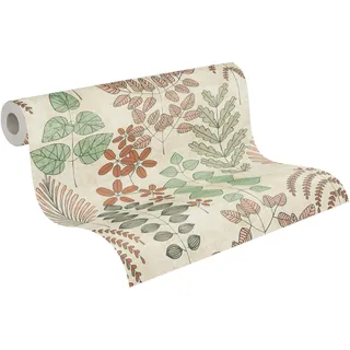 A.S. Création Vliestapete mit Blätter-Motiv in Grün, Rot, Rosa, Beige - Florale Scandi-Tapete 10,05 m x 0,53 m - 791492