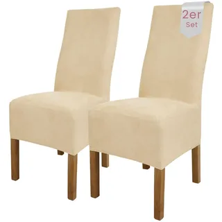 Scheffler Home Stuhlhussen Weiß-Ecru Velours 2er Set Leon – Waschbare elastische Stuhlbezüge für Esszimmerstühle, Hochlehner und Polsterstühle – Stretch Husse, Oeko-TEX Zertifiziert
