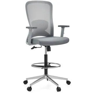 hjh OFFICE Counterstuhl Ergonomisch Top Work 44 W – Hoher Verstellbarer Arbeitsstuhl aus Netzstoff, Höhenverstellbare Armlehnen, Lendenwirbelstütze & Fußring, Grau