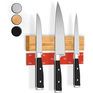 CUCINO Messer Magnetleiste selbstklebend - Vergleichssieger mit extra starkem Magnet - Einfache Montage mit 3M Klebeband ohne Bohren, aus Bambus - 25cm