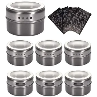 sinzau Gewürzdosen aus Edelstahl, magnetische Gewürzdosen, magnetische Gewürzdosen am Kühlschrank (6 Stück, 120 Etiketten)