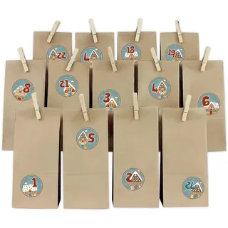 Adventskalender Set Lebkuchenhäuser Rund mit Papiertüten und Holzklammern Y067