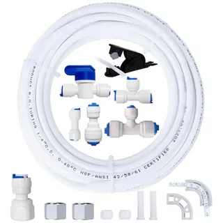 Universal Wasserzulaufleitung Anschlussset, für Osmoseanlage, Trinkwasser-Wasserhahn ohne Luftspalt, 10m 1/4" Schlauch mit Verbindern, T-Stücken, Absperrventil, Rohrschneider & Montagezubehör