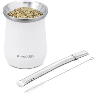 Navaris Yerba Mate Tasse, doppelwandiges Edelstahl-Teeservice mit Kürbisbecher, Bombilla und Bürste, 300 ml, Weiß
