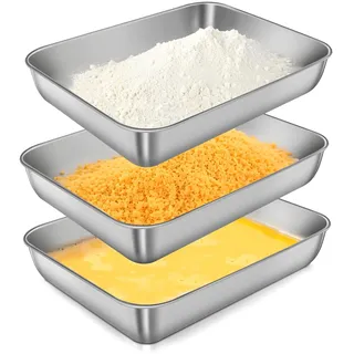 MOKIDO Panierschalen Set 3 Teilig, 25 x 19 x 5 cm Panierstraße Schnitzel, Edelstahl Panier-Set, Edelstahl Schale Rechteckig, Schale zum Panieren für Fisch, Fleisch und Gemüse