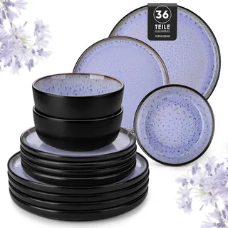Geschirrset 12 Personen, vancasso AMBER Steingut Geschirr Set Handmade, Teller Set 12 Pers 36tlg, Tafelservice mit Speiseteller, Dessertteller, Schüssel, Reaktive Glasur,Spülmaschinenfest,Abendviolett