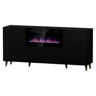 Cama PAFOS Kommode mit elektrischem Kamin 180x42x82 cm mattschwarz, Schwarz, Partikelbord, Einfarbig, Modern, Rechteckig, Partikelbord - Schwarz