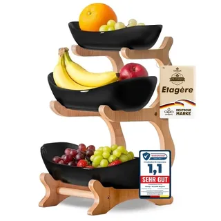 VANEJA® Obst Etagere 3 stöckig SCHWARZ KERAMIK mit Bambusständer, Servierständer für Obst Snacks Gebäck, elegante Schalenständer Obstschale modern für Küche und Wohnzimmer
