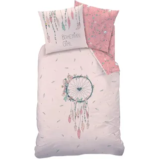 Threads For Bed Dreamcatcher Bettwäsche-Set, Mädchenbettwäsche, Kinderbettwäsche, Bohemian Girl, Dreamcatcher, Federn und Blumen – Kissenbezug 80 x 80 cm, Bettbezug 135 x 200 cm, 100 Baumwolle