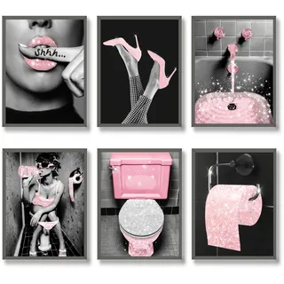 Luodroduo Fashion Wall Art Bathroom Decor Prints Set of 6 Pink Glam Glitter Tissue Canvas Poster Pictures Photos Bathroom Artwork Wall Black and White Modern Women Funny Bathroom (27,9 x 35,6 cm