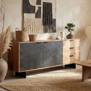 FineBuy Sideboard Akazie Massivholz 175 cm 2 Türen & 3 Schubladen - Massive Retro Kommode Steinoptik - Design Natur Anrichte - Handdustrial - Braun