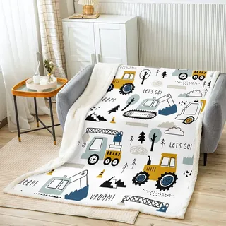 Loussiesd Auto Wohndecke Kinder Jugend BAU Decke 100x130cm Karikatur Bagger Kran Zugmaschine Dekor Kuscheldecke Mädchen Jugendliche Schlafzimmer Dekor LKW Traktor Flanell Fleecedecke Weiß Gelb