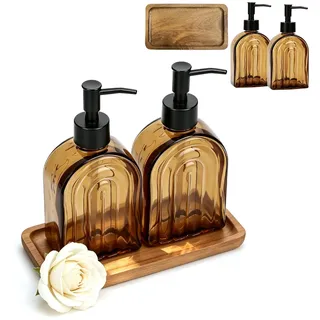 2 Stück Seifenspender Glas 350 ml mit Holz-Tablett, Spülseifenspender für Küchenspüle und Badezimmer Handseifenspender für Küche Arbeitsplatte