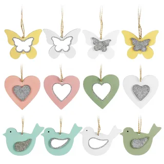 com-four® 12x Dekoaufhänger aus Holz mit Glitzer - Schmetterling, Herz und Vogel zum Aufhängen - Frühlingsdekoration (12 Stück - 5 Farben)