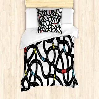 ABAKUHAUS Autos Mantele, Städtische Themed Straßenplanung, Milbensicher Allergiker geeignet mit Kissenbezügen, 135 cm x 200 cm - 80 x 80 cm, Schwarz, Gelb, Blau - Schwarz