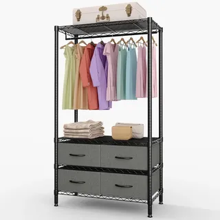 Virimolo Kleiderständer Mit 4 Schubladen Und Kleiderstange, Freistehender Metall Garderobenständer, Offener Kleiderschrank, Schwerlast, Platzsparend, Große Aufbewahrung, Schwarz, 89 x 39 x 182 cm