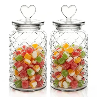 HomeyHoney Candy Bar Gläser, Bonbonglas Mit Herzform Versiegeltem Deckel, Glasbehälter Mit Deckel, Dekorative Vorratsgläser, Einmachgläser für Kekse Süßigkeiten Kaffeebohnen, 1300 ml, Gitter Textur