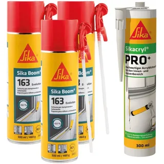 Bundle of SIKA - Montageschaum - PU-Schaum zum Füllen von Hohl- und Zwischenräumen - Set mit 3 Aerosoldosen inkl. Adapter + Acryldichtstoff für Anwendungen im Innen- und Außenbereich – Weiß – 300 ml