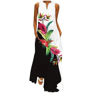 Sommerkleid Damen Lang Maxikleid V Ausschnitt Langes Kleid Große größen Ärmellos Strandkleid Blusenkleid mit Blumen Motiv Sommer Locker Kaftan Boho Kleider Festlich Elegant Partykleid für Frauen