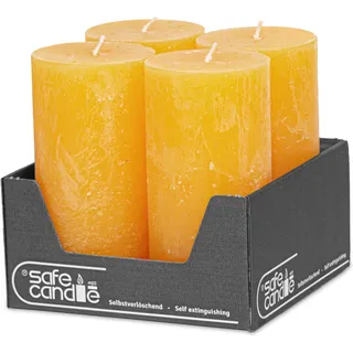 DecoLite: Stumpenkerzen Rustik 4er Set 140x70 mm | Selbstverlöschend Safe Candle | Durchgefärbt RAL-zertifiziert | Brenndauer ca. 69h | Made in Germany | Rustik Deko Kerzen (gelb)