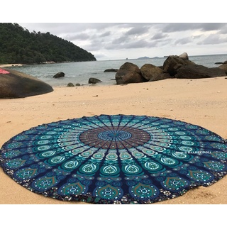 raajsee Indien Strandtuch Rund Mandala Hippie/Groß Indisch Rundes Baumwolle/Boho Runder Yoga Matte Tuch Meditation/Tischdecke aufhänger Decke Picknick handgefertigt Teppich 70 inch (Blaues Mandala)