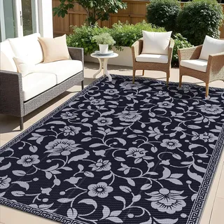 smiry Outdoor Teppich Wasserfest Balkon Camping Teppiche UV-beständig Waschbar Außenteppich Draussen Wendbarer für Terrasse, Garten, Wohnmobil - 120 x 180 cm, Schwarz & Grau - Blumen Muster