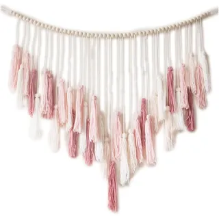 Boho Deko Makramee Wandbehang Boho Deko Gewebtes Pastoral Holz Perle Fransen Schnur gewebt Anhänger Chic Tapisserie Fransengirlande für Wohnzimmer Kinderzimmer Wohnzimmer Schlafzimmer Balkon (Rosa)