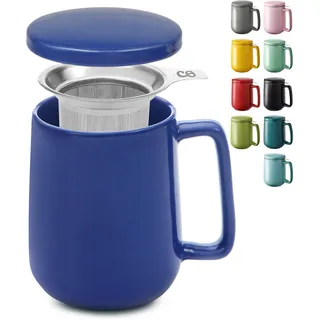 Teetasse mit Sieb und Deckel - Keramik Dunkelblau - Hält Lange warm - 500ml XXL Groß - Spülmaschinenfest