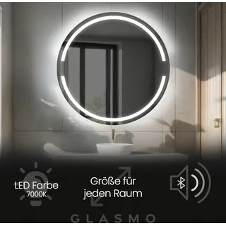 Badspiegel mit LED Beleuchtung 80 cm Eden - Rund Spiegel mit Beleuchtung - Kaltweiß 7000K - Badezimmerspiegel Lichtspiegel mit Bluetooth-Lautsprecher - Transparent