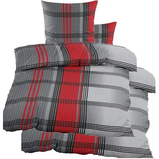 KH-Haushaltshandel 4-TLG. Seersucker Bettwäsche 2X 135x200 +80x80cm, rot grau schwarz kariert, bügelfrei, Microfaser (60348)