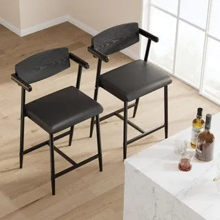 GarveeHome 2er Set Barhocker Mit Sitzkissen Aus PU-Leder Und Metallgestell, Esszimmerstühle Mit Rucklehne, Hohe Hocker Mit Fußlehnen Und Armlehnen, Für Esszimmer Und Wohnzimmer, 49 x 48 x 94 cm