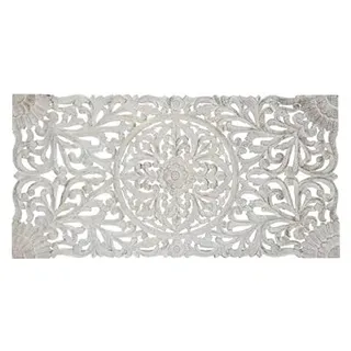 DRW Kopfteil für Bett, 180 cm, Mandala-Holz, geschnitzt, Weiß und Gold, 193 x 92 x 79 cm