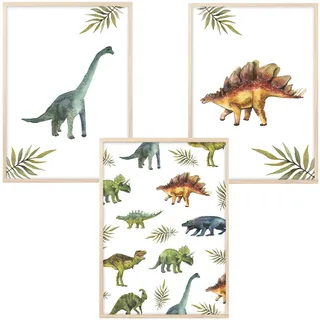 MeinBaby123® Dino Poster Kinderzimmer | Dinosaurier Poster 3er Set DIN A4 I Bilder Kinderzimmer Jungen | Dino Deko Bilder Kinderzimmer | Babyzimmer Deko (Dino Poster Set - 2)