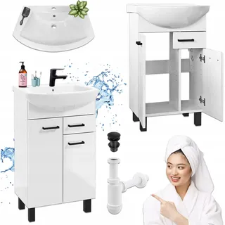 Stamar | Badezimmerschrank mit Waschbecken - 50 cm Lack - Weiße - Schwarz - Klick-Klack Armatur - Weiß