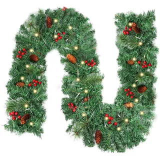 JOFONY Weihnachtsgirlande mit Beleuchtung Deko,50 LEDs 2,7m Tannengirlande Batterie Warmweiß Weihnachten Lichterketten mit Tannenzapfen Beeren,Weihnachten Girlande Weihnachtsdeko für Innen Außen