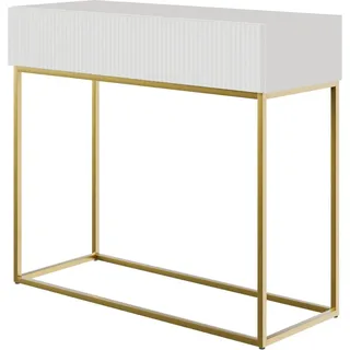 Selsey Veldio Konsolentisch 90 cm mit Lamellenfront und Schublade Weiß mit Goldenen Beinen