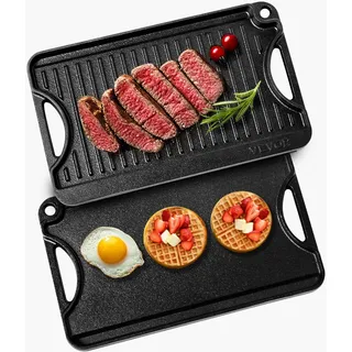 VEVOR wendbarer Grillplatte Bratpfanne Griddle aus Gusseisen (185 x 342 mm), tragbare rechteckige BBQ Pfanne mit Griff, Familienkochgeschirr für Herdplatten drinnen/draußen Grill, schwarz