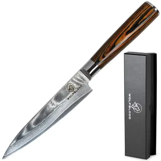 Wolfblood Damastmesser Küchenmesser L (24cm) TÜV geprüfter 62 HRC Damaststahl aus 67 Lagen I Damast-Küchenmesser Chefmesser mit Holzgriff Geschenkbox und Klingenschutz
