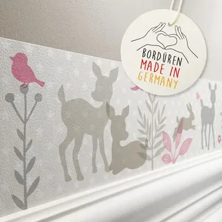 lovely label Bordüre selbstklebend HÄSCHEN & REHE ROSA BEIGE - Wandbordüre Kinderzimmer Babyzimmer mit Hase & Reh Waldtiere - Wandtattoo Schlafzimmer Mädchen – Wanddeko Baby Kinder