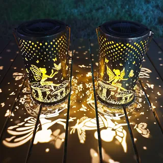 Freekite 2 Stück Solarlaterne für Außen, Retro Engel Schmetterlings Solarlaterne für Außen mit Hirtenhaken, Solar Lampions Außen Wetterfest für Garten Draußen Gartendeko Patio Rasen Geschenk