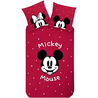 Disney Renforcé Wende Bettwäsche 135x200cm Mickey Mouse Minnie Schleife Rot Weiß Wende Reißverschluss