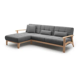 Cavadore Ecksofa Billan / Eckcouch im skandinavischen Design mit Longchair und massivem Holzgestell in Buche / 264 x 88 x 183 / Flachgewebe, Grau