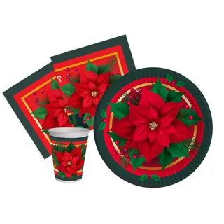 Ciao Partygeschirr Party-Set Weihnachten Christmas Poinsettia für 8 Personen (36 pcs: 8 Pappteller Ø23cm, 8 Becher 250ml, 20 Servietten 33x33cm) aus eco-Friendly kompostierbarem Papier