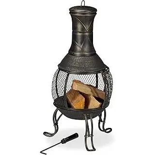 Aztekenofen, Schürhaken, Holzrost, Funkenschutzgitter, Garten, Terrasse, Antik Terrassenofen, Höhe 89 cm, Gold