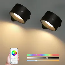 Lightsjoy LED Wandlampe Innen mit Akku Kabellos 2 Stück Schwarz Wandleuchte Dimmbar,App und Touch Control 360° Drehbar Wandlicht RGB 3 Farbtemperaturen für Wohnzimmer,Schlafzimmer,Flur,Treppenhaus