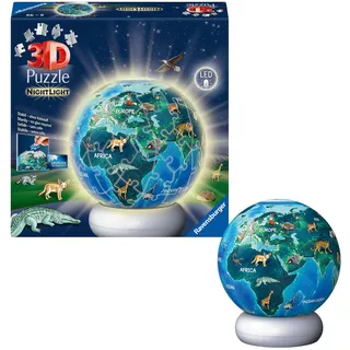 Ravensburger 3D Puzzle Erde mit Tiermotiven - 3D Puzzle Kinder ab 6 Jahren - Puzzle-Ball mit LED Nachtlicht als Nachttischlampe für Kinder - Kinderglobus Geschenke für Mädchen und Jungen - 12008055